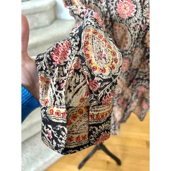 Ralph Lauren Black Orange Paisley Block Print Cotton Ruffle Button Down - Picture 5 of 7